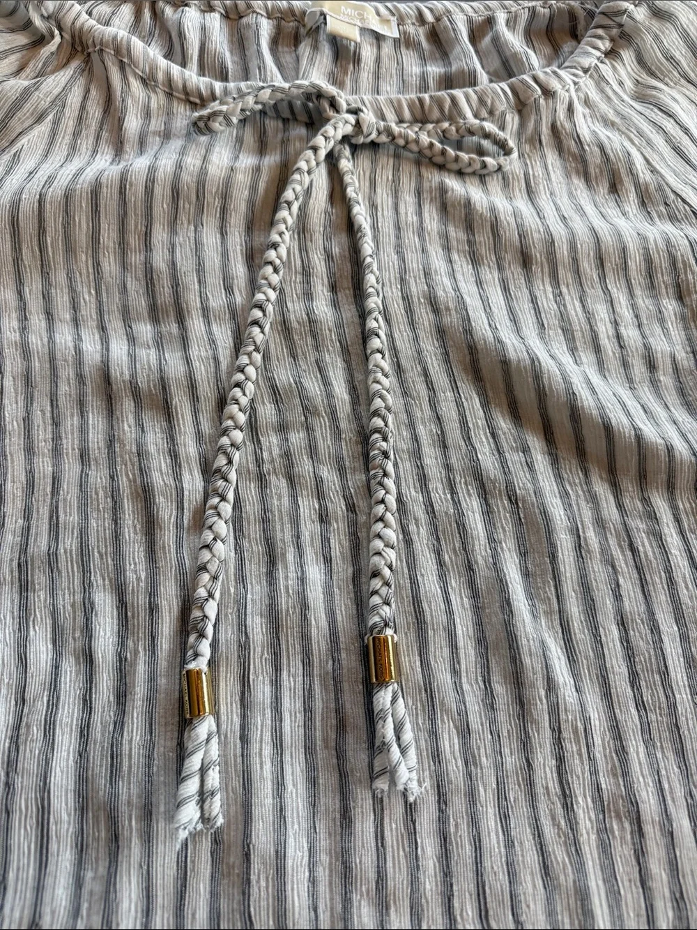 Michael Kors Light Gray Striped Peasant Blouse with Braided Tie Neck Detail